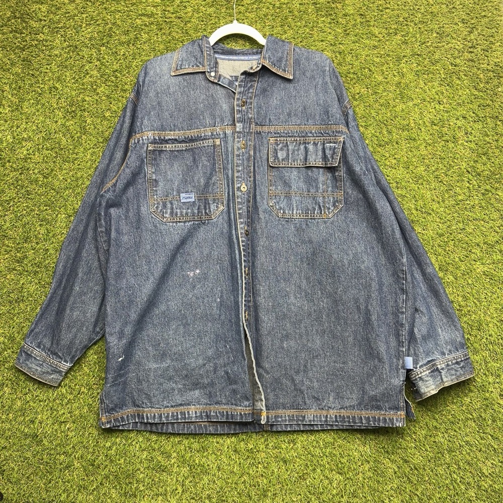 Vintage FUBU Jean Jacket Mens XL Button Up Shacket 90s Hip Hop Streetwear y2k